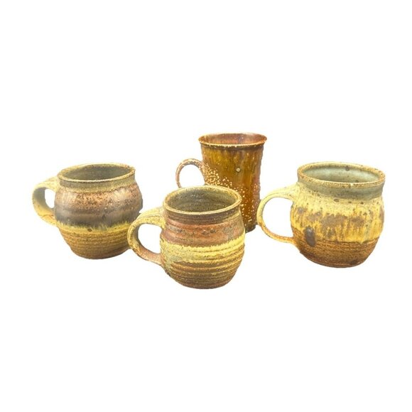 VTG Studio Art Pottery Mixed Artist Brown Coffee Tea Mug Set Of 4 Signed - Picture 1 of 16